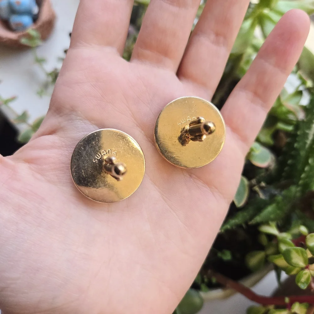 Vintage Swank Gold Mosaic Gemstone Chip Colorful Round Pair of Cuff Links